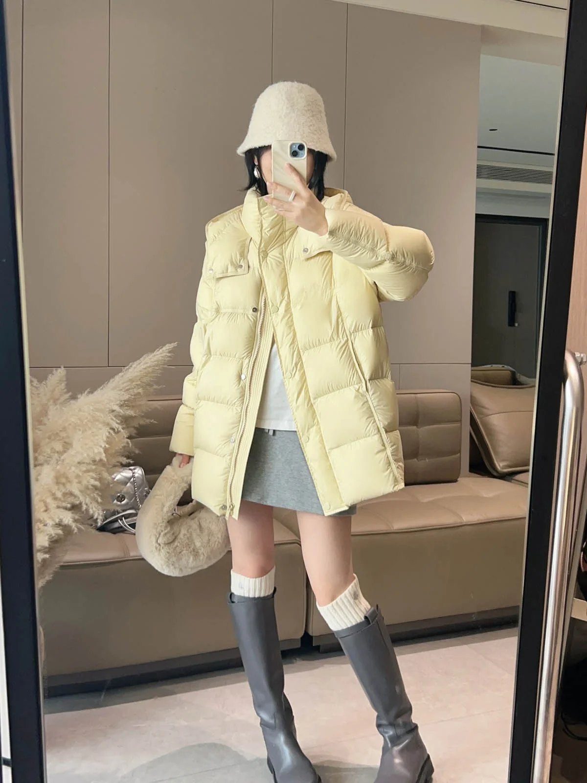

Faionable Hooded Goose down Jaet Women's Mid-Length Korean Sle Loose Fit 90% White Goose Feather Outerwear