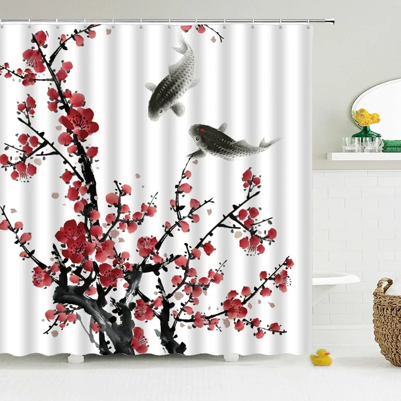 Chinese Style Flower Bird Shower Curtains Waterproof Bathroom   Curtain 3d Printed Fabric With Hooks Decoration Shower Curtain