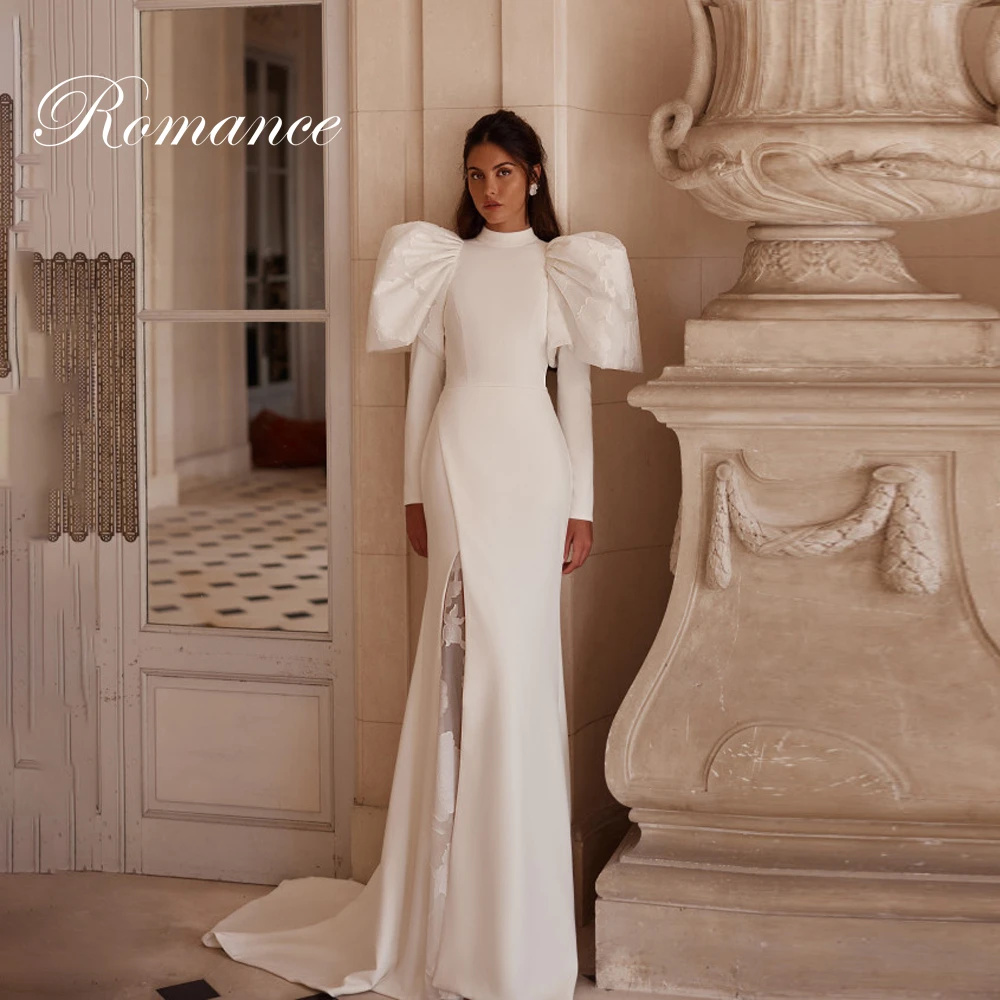 

Modern Long Puff Sleeve Mermaid Wedding Dress High Collar Lace Split Sweep Train Pleat Bridal Gown Vestidos De Novia Customized