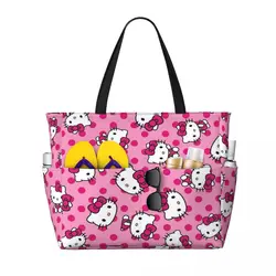 Custom Red Polka Dot Hello Kitty Cat Beach Tote Bag Women White Kitten Big Compartment Beach Gym Travel Bags