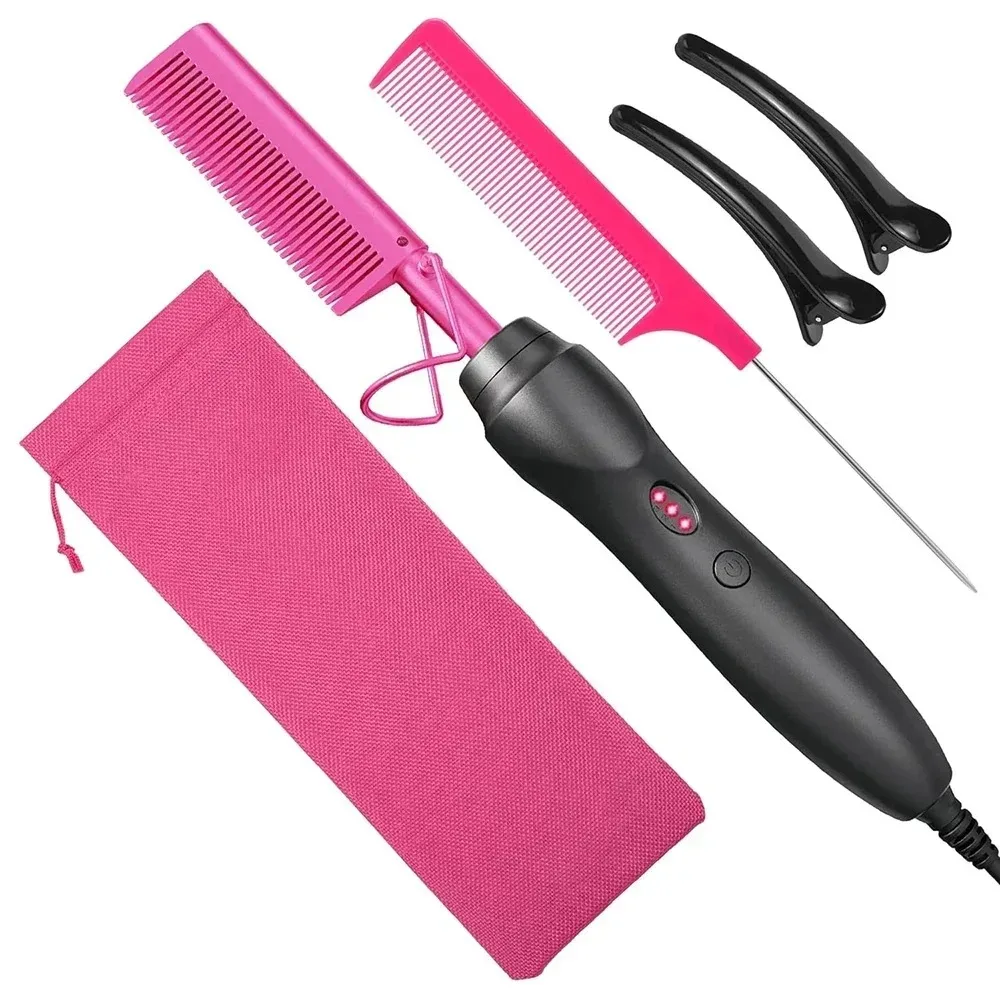 Pink Hot Comb Electric Hot Comb Heating Pressing Hair Straightening Iron for Hair Beard Wigs Wet and Dry Hair Styling Tools