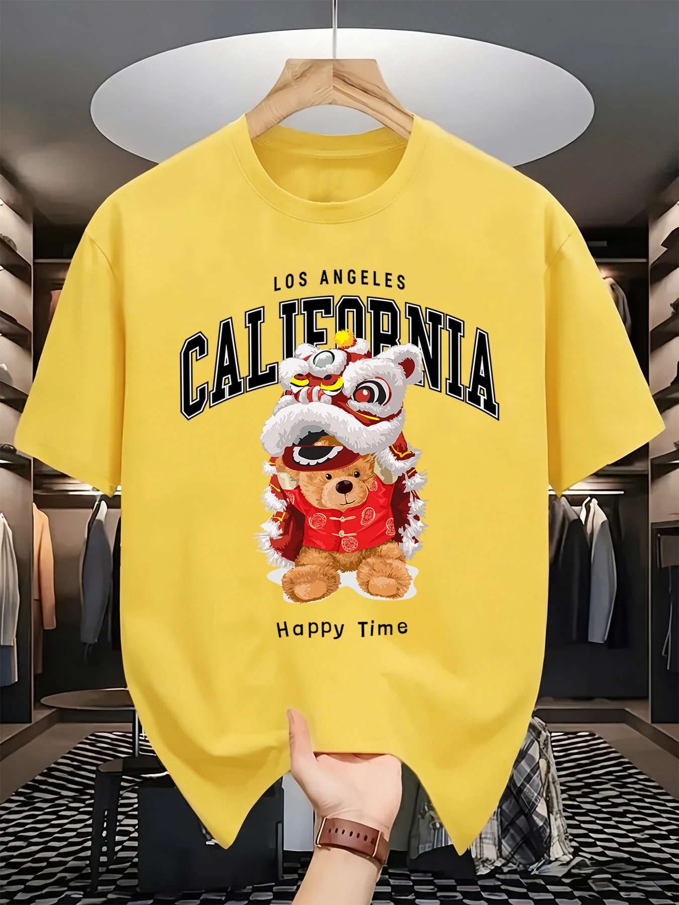 The Lion Dancing Bear Cute Print Men Cool T Shirt Loose Casual Short Sleeve Cotton Trendy T-Shirt Summer Hip Hop Unisex Clothes