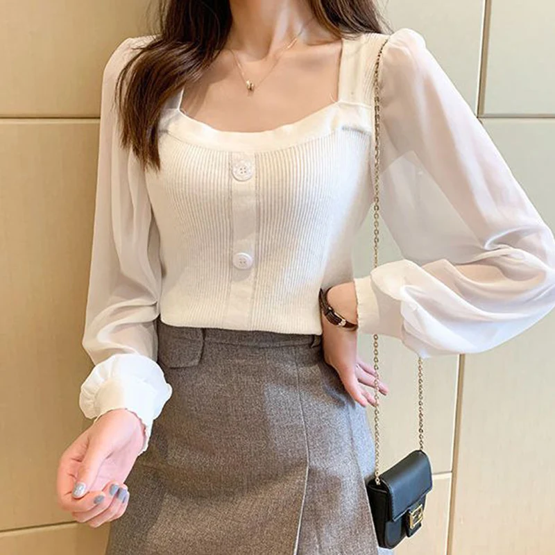 Women\'s Square Collar Solid Color Shirt Spring Autumn Knitted Patchwork Button Chiffion Long Sleeve Pullover Office Lady Blouse