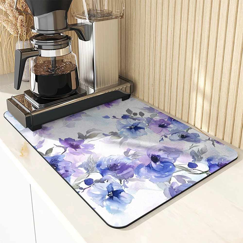 Large Kitchen Absorbent Mat Watercolor Plants Antiskid Draining Coffee Dish Drying Mat Quick  Bathroom Drain Pad Tableware Mat