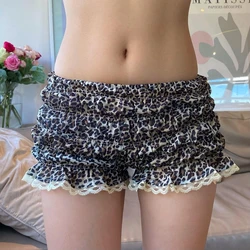 Luipaardprint Ruffle Shorts 00s Retro elastische taille korte broek Fairy Coquette Kawaii Lace Trim Ruches Knickers Dames Bottom