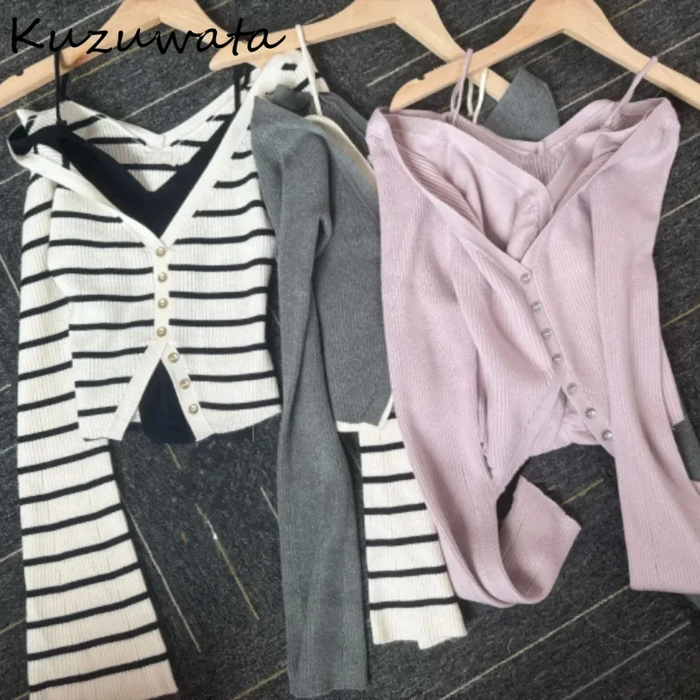 Kuzuwata Sexy V Neck Flare Sleeve Fake Two Pieces Sets Cardigan Knit Sweet Elegant Cotton Women Clothing Japan Stripe New Jumper