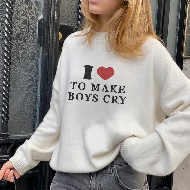 2024 Spring Autumn Y2k I Love Letters Pattern Print Knitted Pullover Loose Long Sleeve Simple Casual Simple Women Sweaters