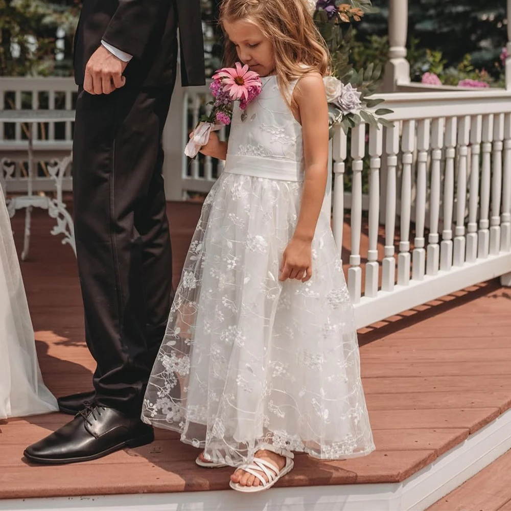 BABYONLINE 2-13 Years Lace Flower Girl Dresses Chic Kids Long Communion Dress Tulle Embroidered Boho Junior Bridesmaid Dress