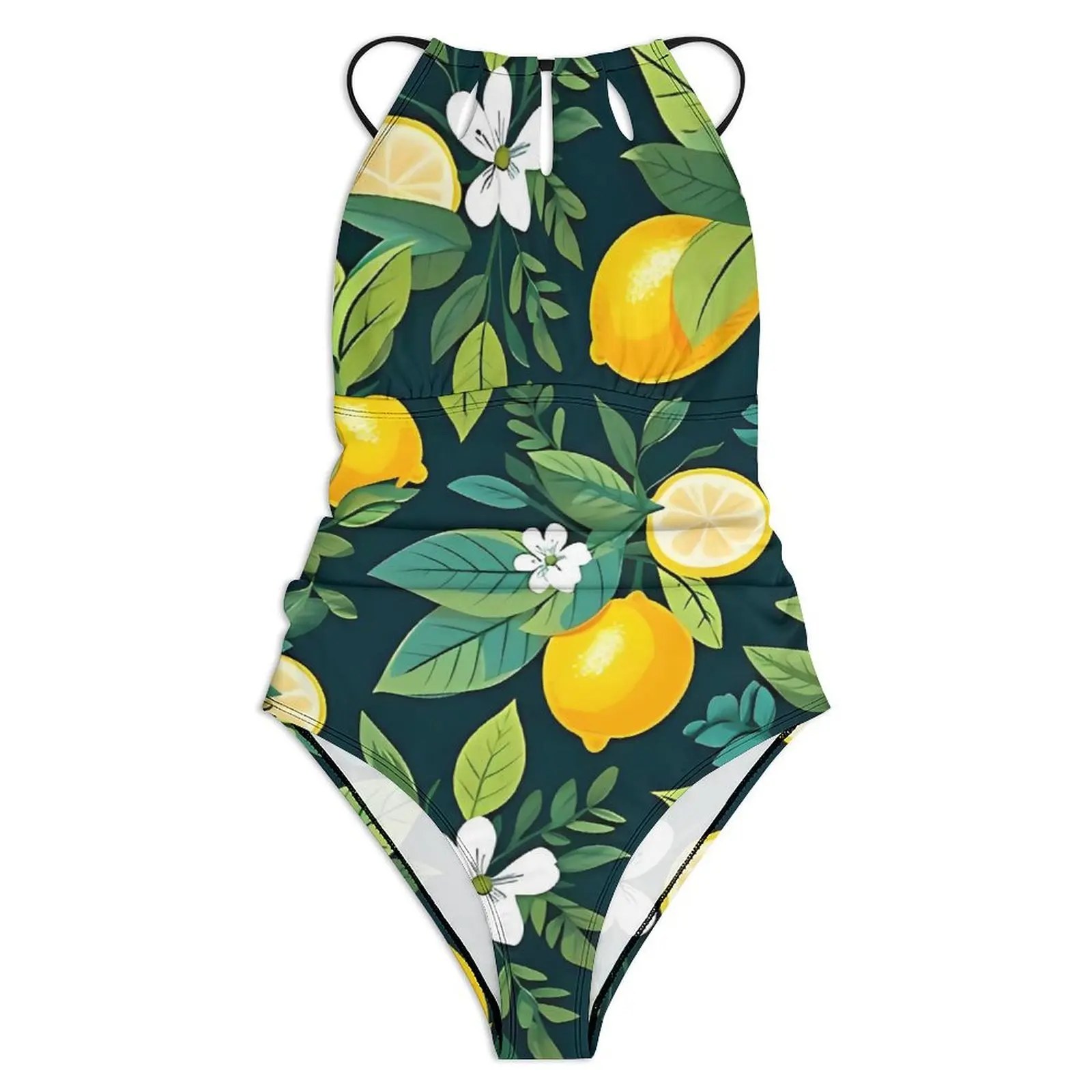 Fruit Print Lemons Swimsuit Tropical Leaves One Piece Swimwear Push Up Kawaii Monokini Sexy Holiday Swim Design Beach Wear