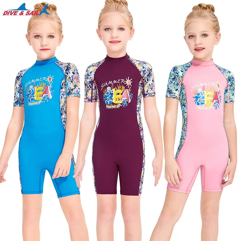 Children's Swimsuit Girls Sunscreen One-piece Short Sleeve Quick Drying Anti-jellyfish Swimming Snorkeling Diving Suit Beachwear