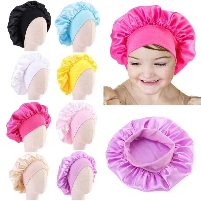 2 PCS Kids Girls Boys Silky Satin Bonnet Cap Turban Hat Wide Elastic Bands Night Sleep Cap