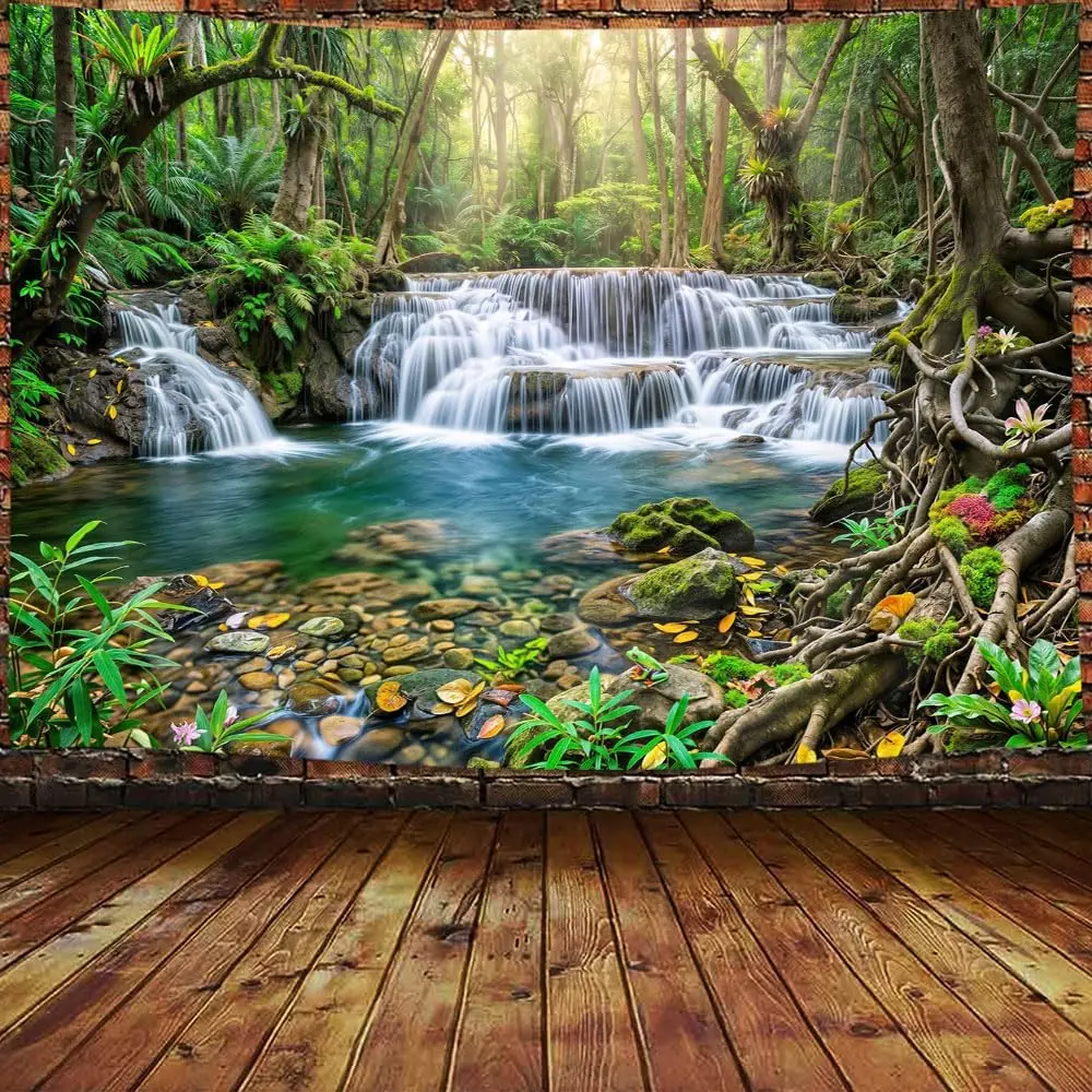 Large Waterproof Nature Waterfall Jungle Tapestry Wall Hanging Art Forest Landscape Decoration Polyester Print for Boho Living R