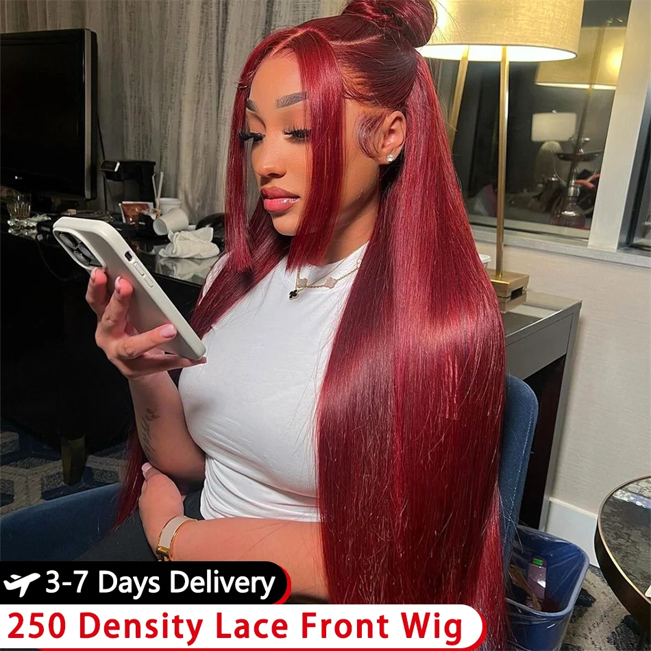 99J Burgundy Red 13x6 Lace Front Human Hair Wigs Glueless Colored Straight 13x4 HD Lace Frontal Closure Wig 30 36 Inch Red Wig