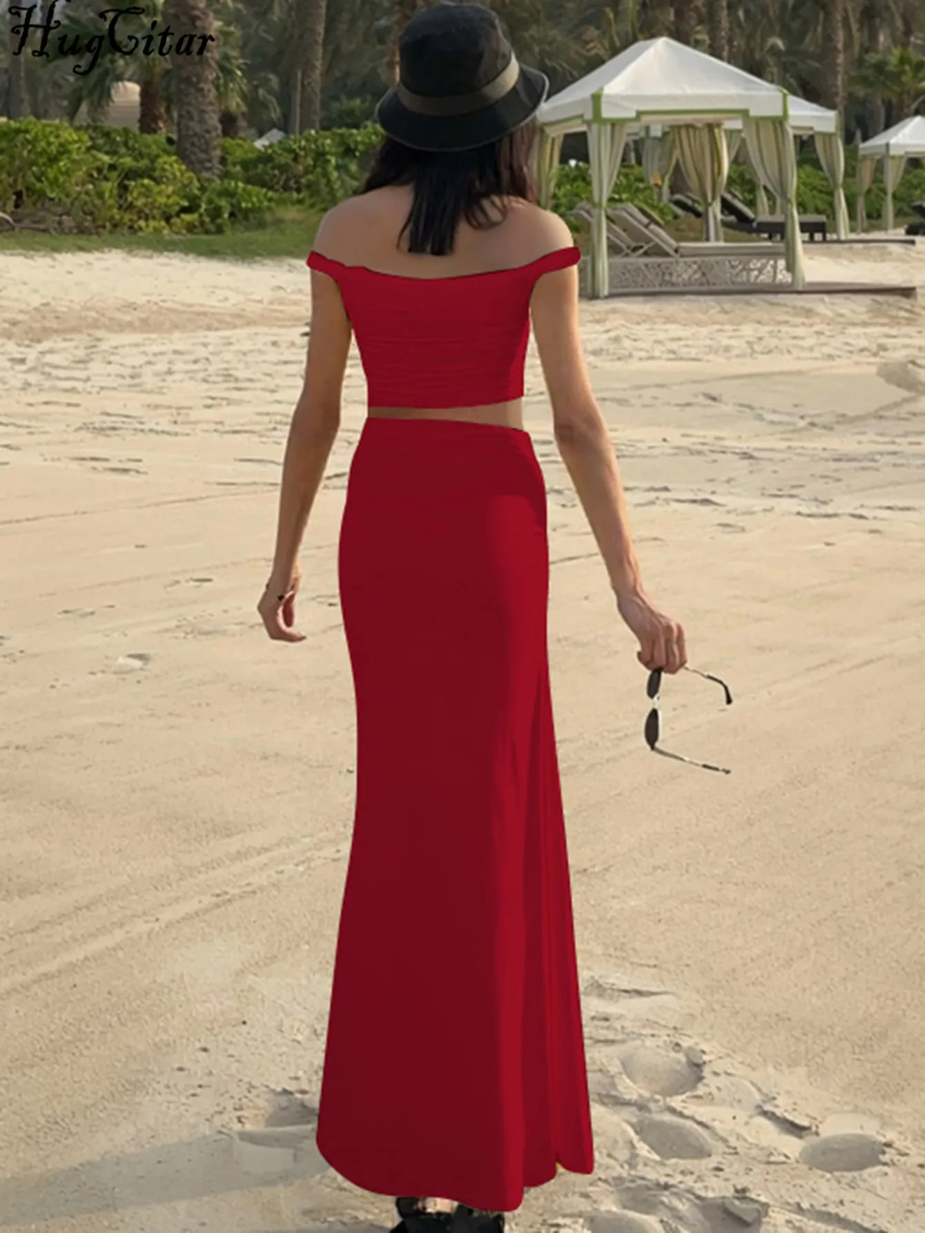 Hugcitar Elegant 2 Pcs Sets Solid Slash Neck Ruched Backless Sexy Crop Tank Top Maxi Skirt Women Vacation Outfits Party Club image 5