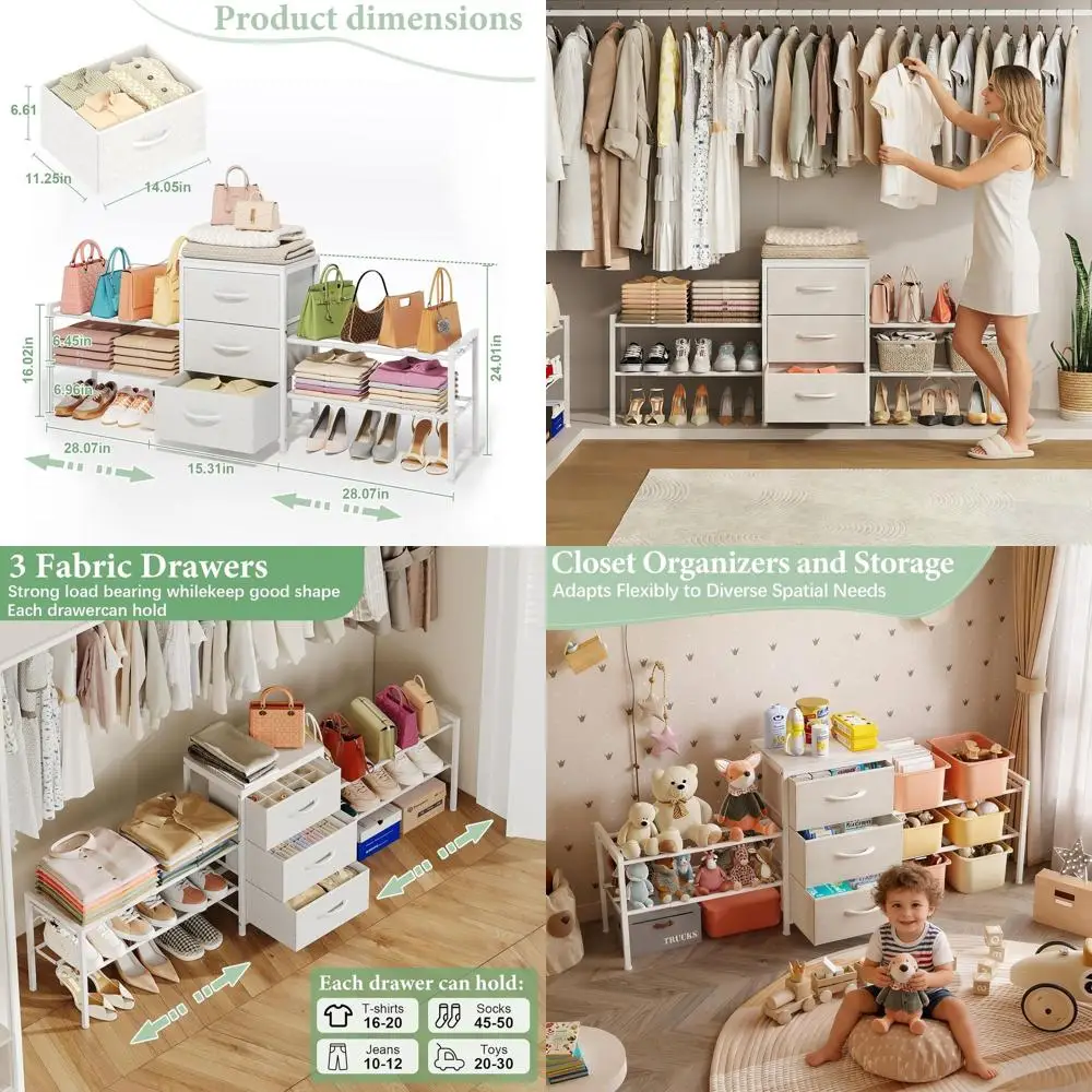 

Expandable Closet Organizer, Wide & Long Drawers, White Fabric Storage Drawers, Clothes Shelves for Kids, Compact Shoe Rack for