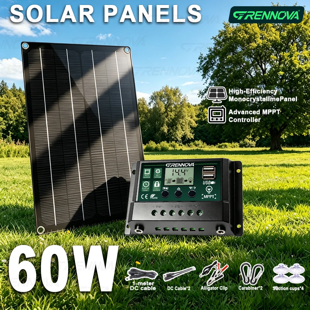 User Friendly Waterproof 60W Portable Solar Panel（10A/30A/60A Controller Dual USB DC Charging Kit） Tent RV Car Camping Outdoor