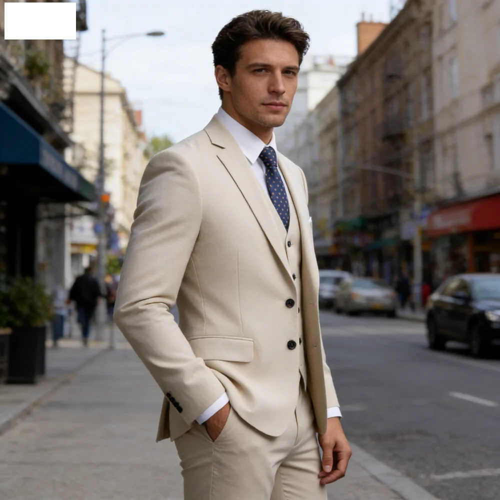 

Men's Business Casual Slim-fit Solid Color Blazer Vest Pants Set Outdoor Trendy Wedding Host Formal Wear Terno De Caval