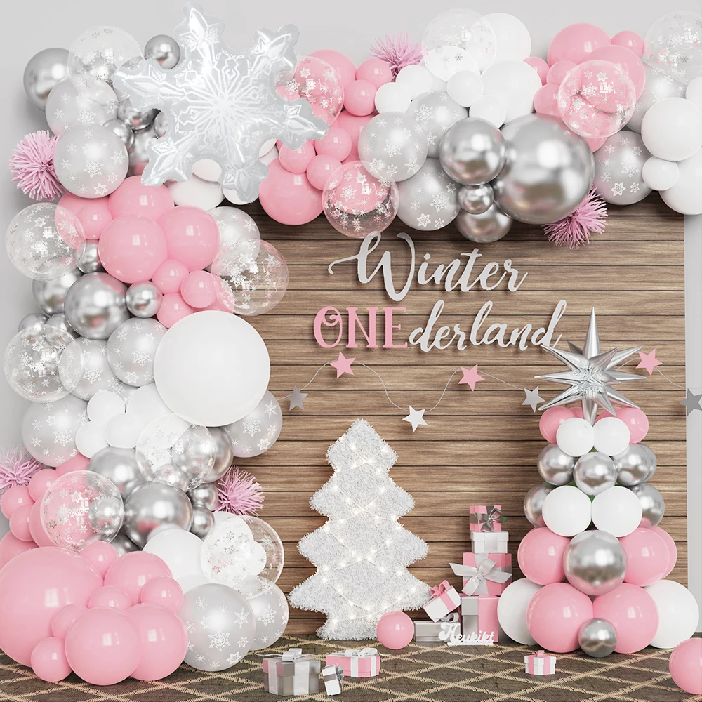 127pcs Pink Christmas Balloon Garland Arch Snowflake Foil Balloon Ice Princess Girls Birthday Baby Shower Winter Christmas Decor