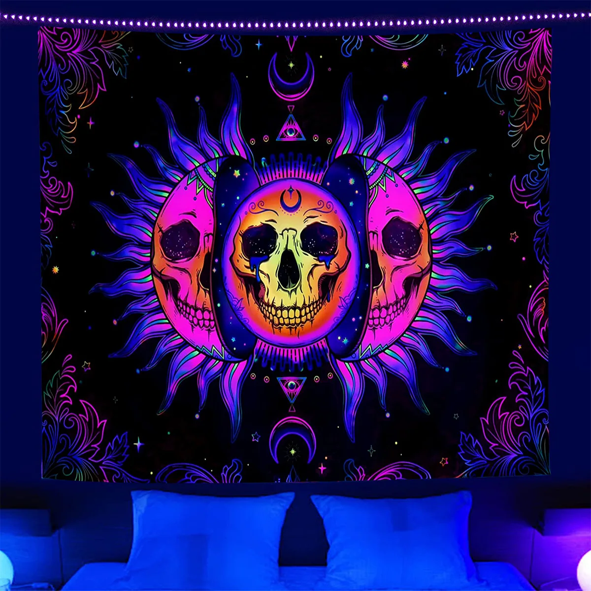 Psychedelic Black Light Skull Head Flourescent Tapestry UV Reactive Tapestries Wall Hanging Hippie Trippy  Home Decor