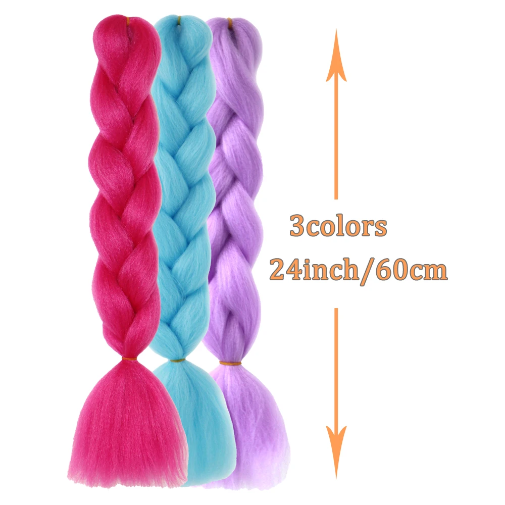 Extensiones de cabello trenzado de fibra de tamaño gigante sintético, colores arcoíris, 24 pulgadas, para niñas y mujeres, Halloween y Navidad, 3 uds.