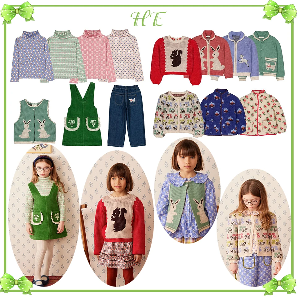 Children Clothes HE Girls Coat Knitted Cardigan Sweater Vest Shirt Denim Pant Cartoon Printed Suspender Skirt Jacquard Knitwear