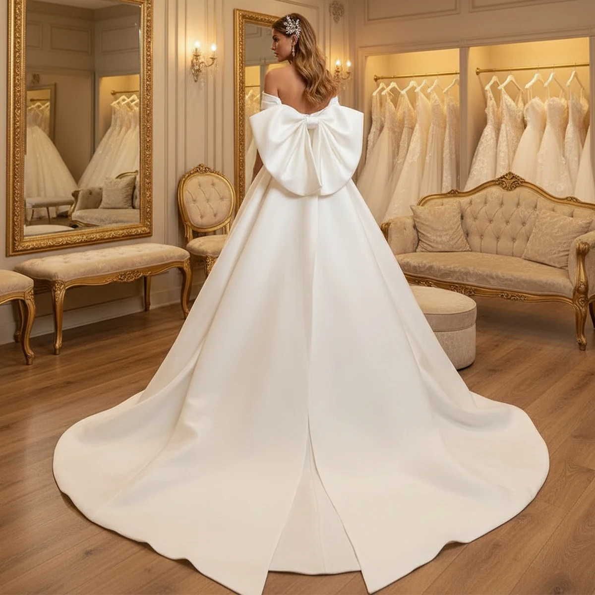 Elegante cetim fora do ombro vestido de casamento com arco longo fenda vestido de baile para as mulheres sem costas vestido de festa de noiva novia