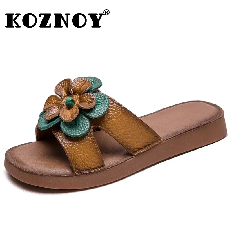 

Koznoy 2.5cm Sandas Cow Genuine Leather Women Breathable Boots Comfy Summer Oxfords Slippers Peep Toe Flower Ankle Flats Shoes