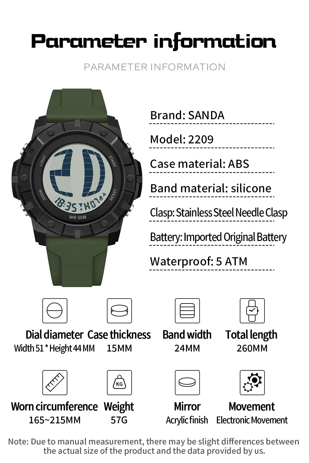 SANDA 2209 موضة فاخرة ساعة رقمية للرجال الطلب الكبير الرياضة إضاءة مقاومة للماء طالب ساعة إلكترونية ساعة تنبيه 2026
