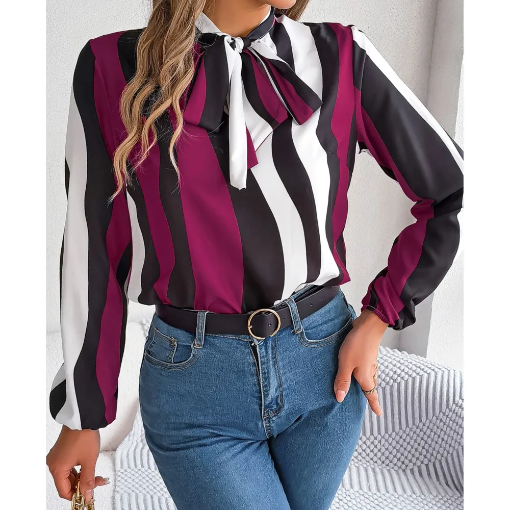 Women Spring And Summer New Style Contrasting Striped Lace Up Lantern Sleeves Chiffon Shirt Top Elegant Lady Bow Tie Blouse Tops