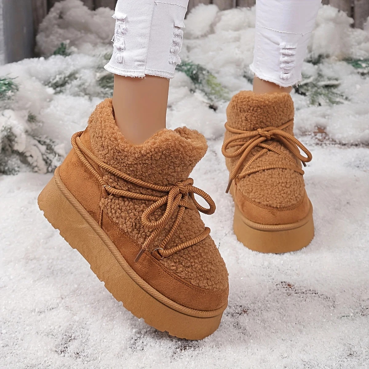 أحذية الكاحل للسيدات، 2025 أحذية شتوية ترفيهية جديدة قصيرة من الصوف بنعل سميك