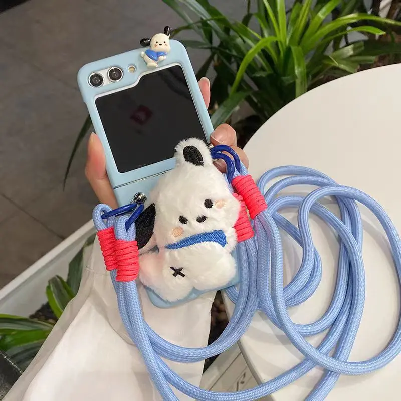 Luxury Furry 3D Cute Dog Holder Phone Case For Samsung Galaxy ZFlip7 Z Flip 6 ZFlip 5 Flip4 3 5G Portable Rope Chain Cover
