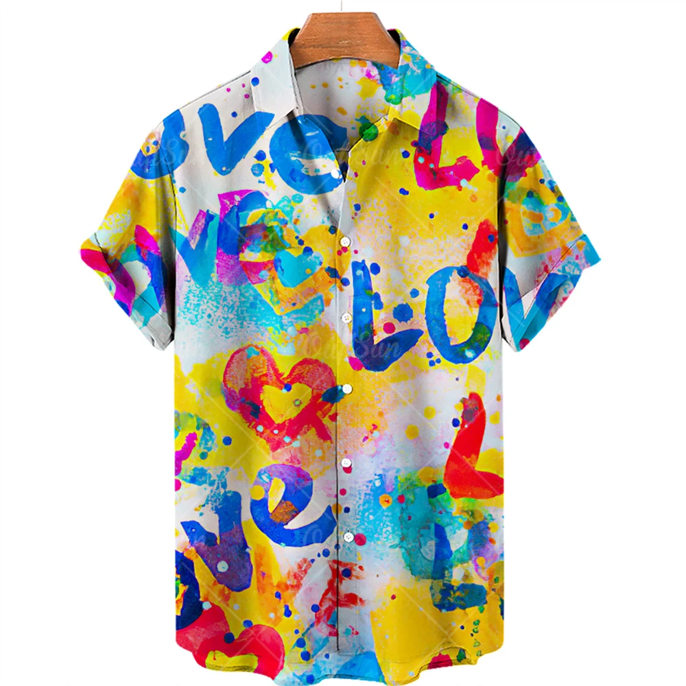 Men's Hawaiian Shirts, Breathable, Loose, Short-Sleeved, Love Graffiti Print Top, European And American Trends, For Vacation