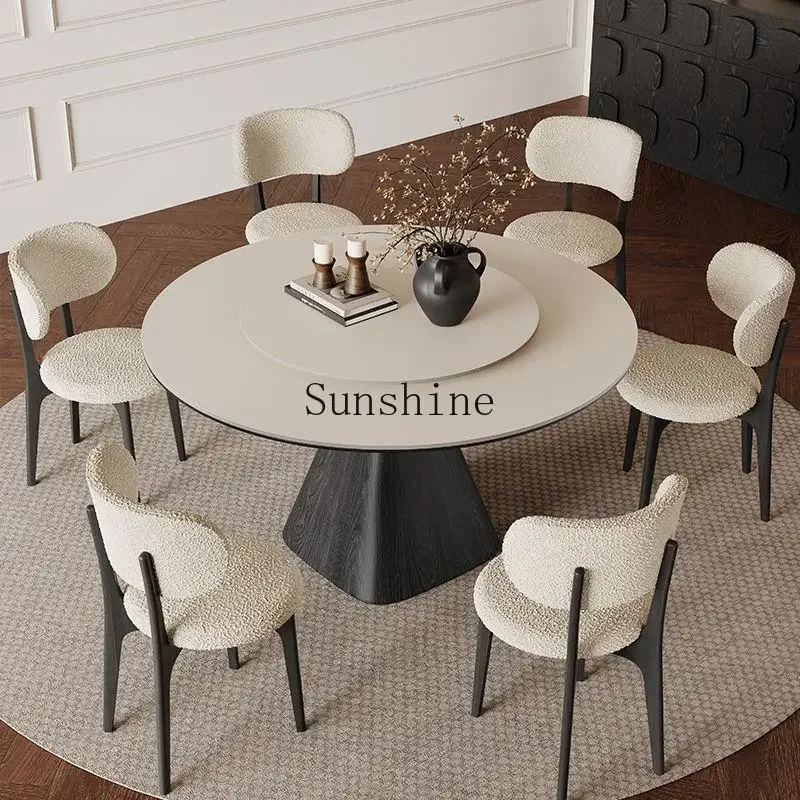 

French retro solid wood black home modern simple pure white round dining table