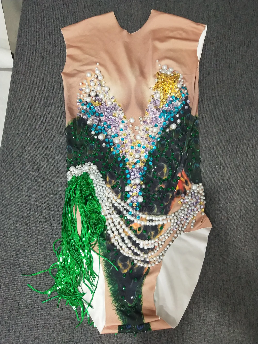 Sexy Peacock Pattern Printed Bodysuit Crystals Pearls Tassel Leotard Bar DJ Women Singer Stage Wear Party Pole Dancing Costume