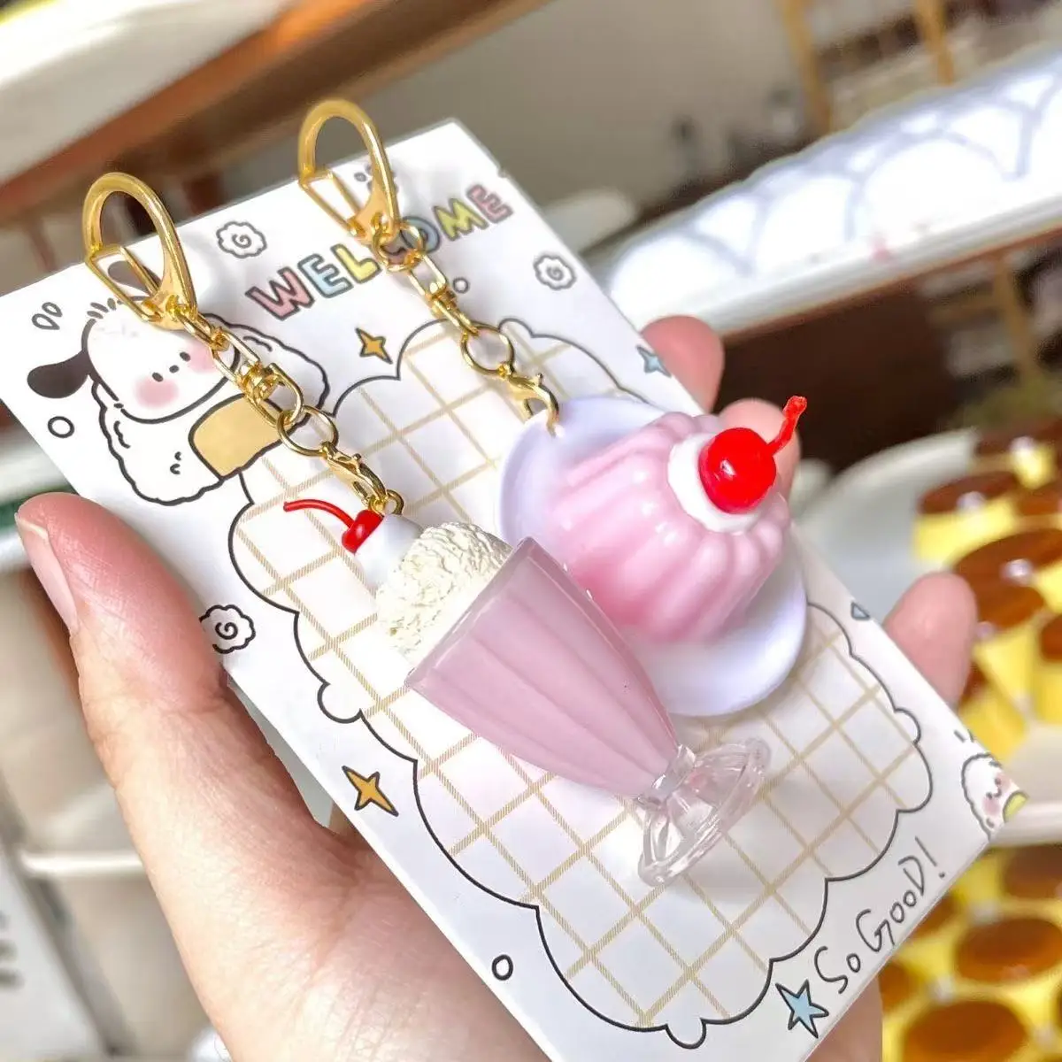 Pink Cream Soda Water Snow Mountain Milk Jelly Pudding Key Chain Pendant Ornament Three-dimensional High-value Cute 2D