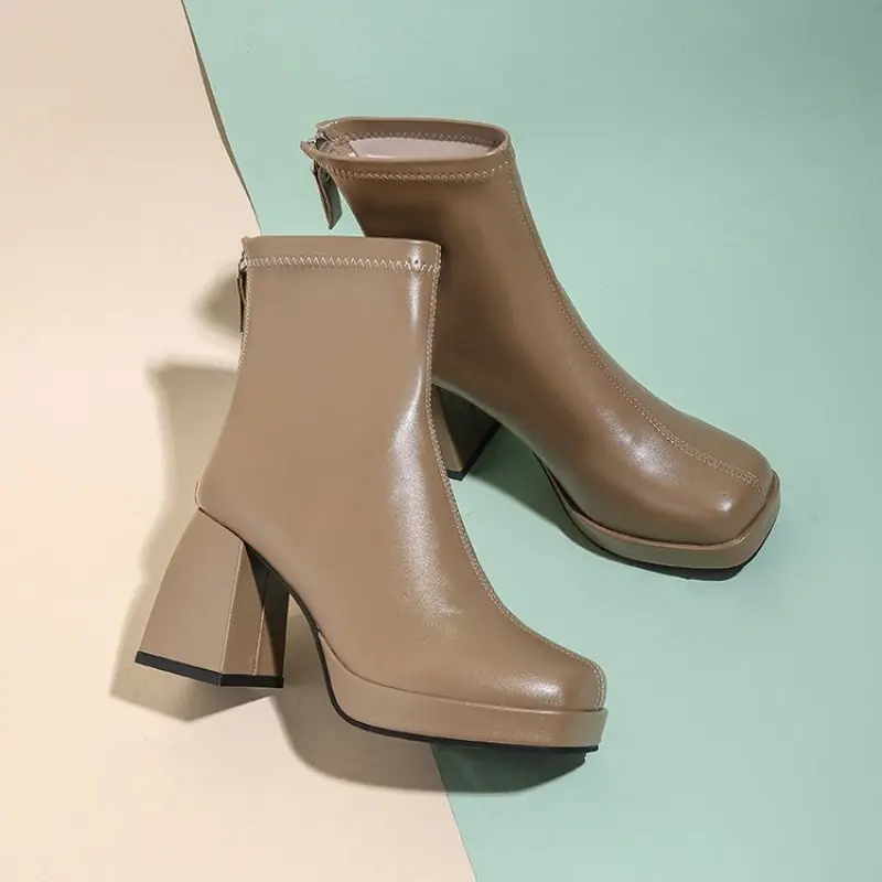 NEW Winter Women's Square Heel Ankle Boots Rear Zipper Thick Heel Square Toe Modem Boots for Women Ladies Casual  Platform Shoes
