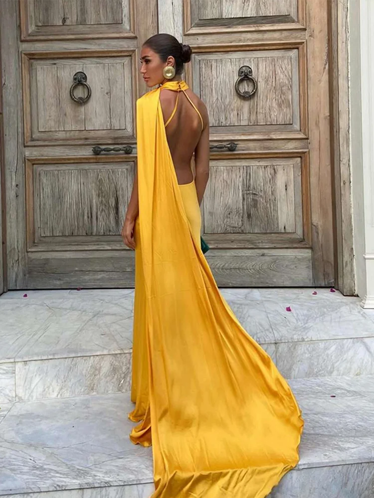 Elegant Ribbon Halter Maxi Dress for Women Off-Shoulder Sleeveless Backless Slim Fit Party Robe Solid Color 2025 New Style