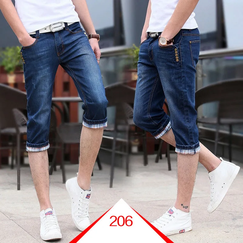 New Summer 2022 Fashion Teenagers Cropped Jeans Men Korean Slim Denim Shorts Breeches Stretch Capric Pants Men Thin 3/4 Jeans
