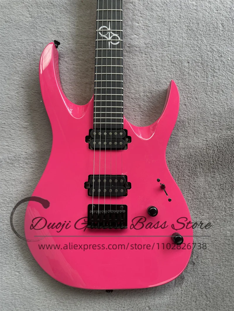 Pink Electric Guitar Maple Neck Set in Body, Rose Wood Fingerboard, Solar Guitar Fixed Bridge, Black Tuner, Customized Color