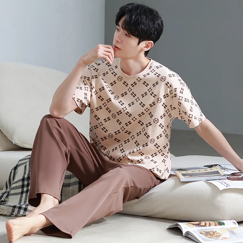 New Pajamas Suit Men Summer Pure Cotton Loose RoundNeck Thin Boy Loungewear Short-sleeved Two-piece Sleepwear Set Male Nighcloth