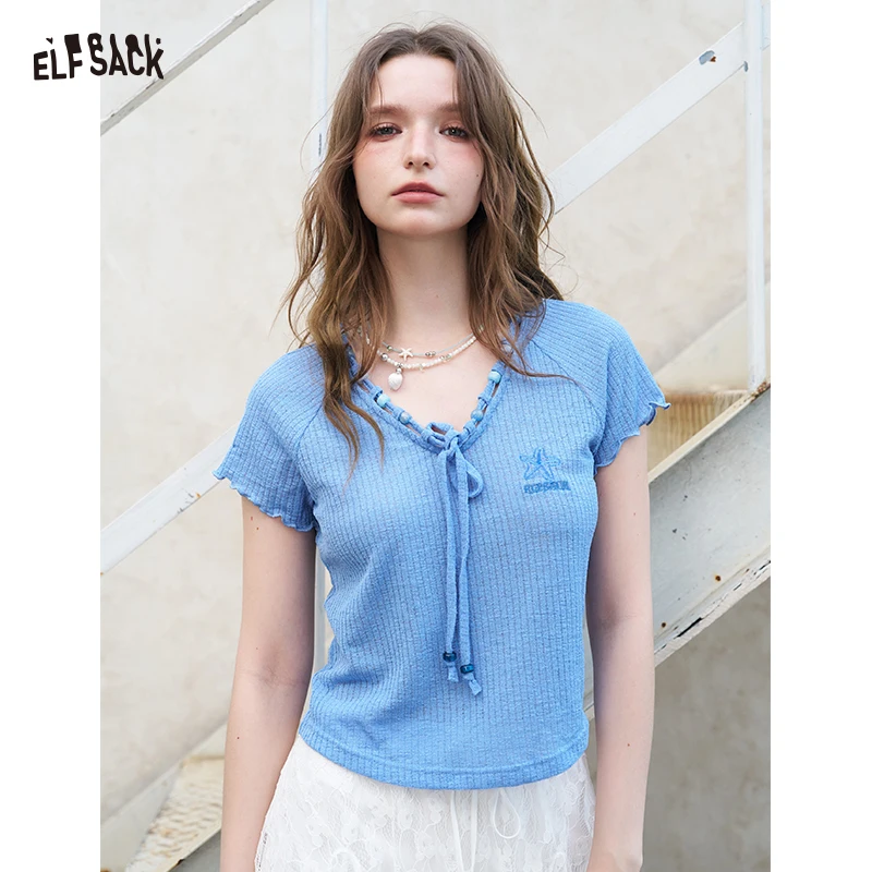

ELFSACK Women's Ribbed Knit T-Shirt with Tie V Neck, Sweet Short Sleeve Blue Tee for Summer, Mermaid Aesthetic Casual Top