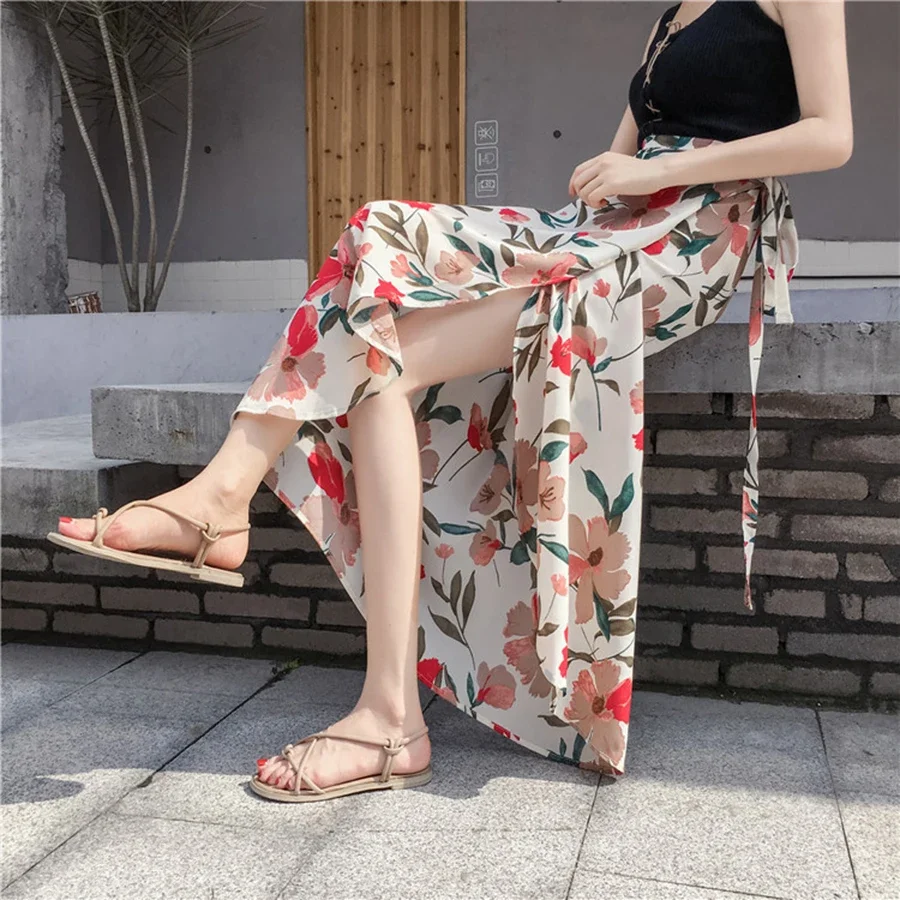 One Piece Summer Skirts Female Elegant Floral Style Chiffon High Waist Adjustable Vacation Long Skirt