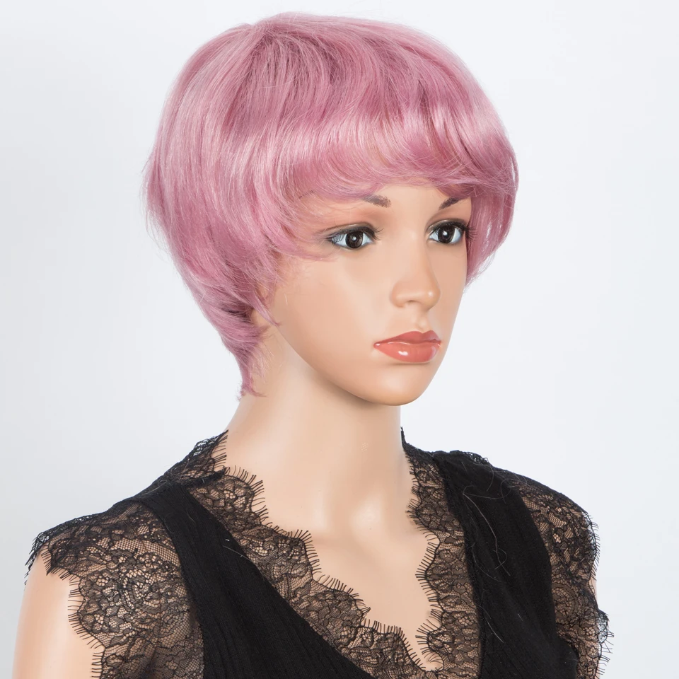 Lekker Rose Pink Short Pixie Cut Bob Human Hair Wigs For Women Brazilian Remy Hair Colored Glueless Ready to Wear Straight Wigs