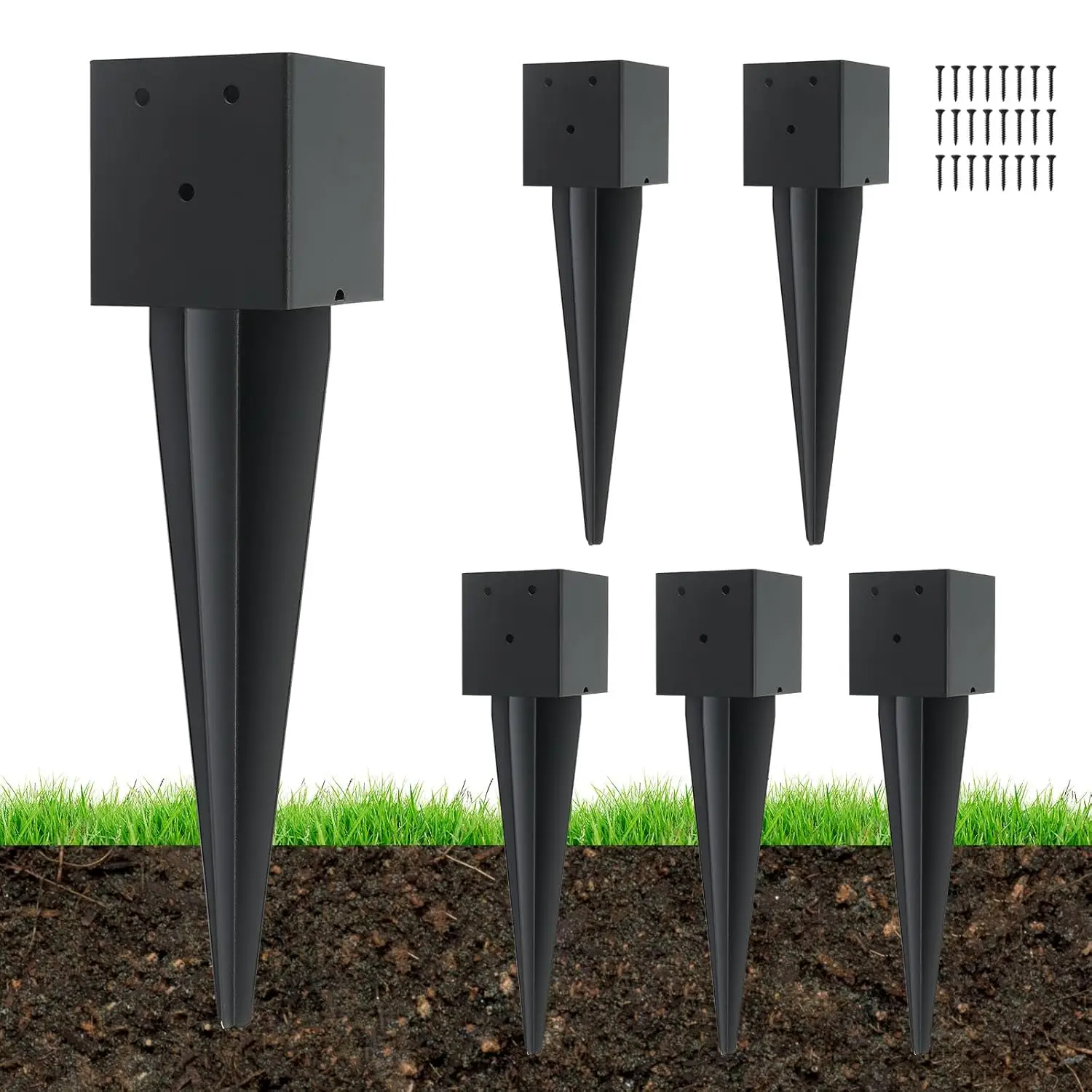 

6 Pcs 4"x4" Heavy Duty Metal Fence Post Anchors with Black Powder Coated Support
