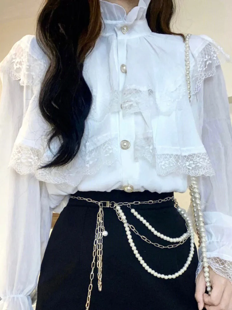 Temperament Ladies Tops Flare Sleeve White Lace Embroidery Blouse for Women 2024 Blusas Mujer De Moda Stand Neck Ruffles Shirt