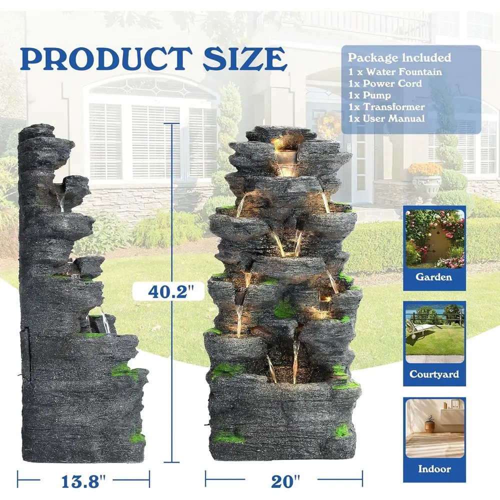40 H 10-Tiers Cascading Rock Water Fountain Outdoor with LED Lights | Outdoor Waterfalls, Indoor Resin Mountain Feature for Pati