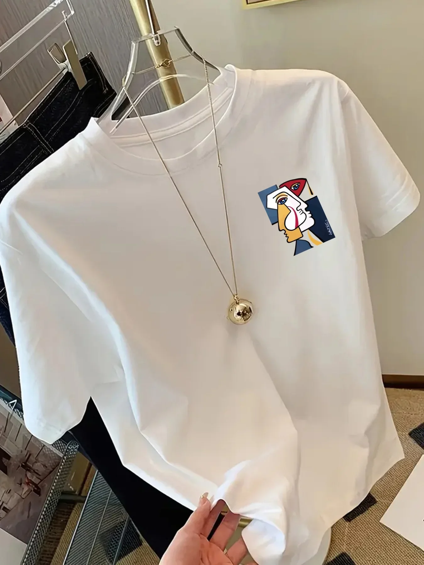 Men's Summer Casual Streetwear T-Shirt Abstract Cubism Face Back & Chest Print Cotton Top for Hangouts & Art Events