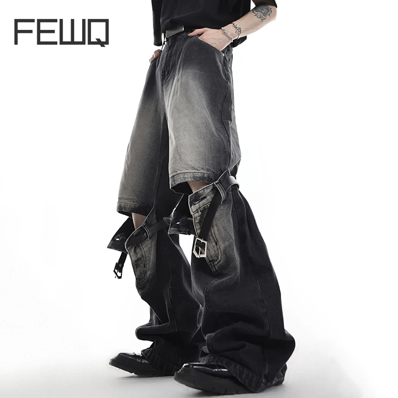 FEWQ Vintage Men Spliced Micro Flared Jeans American Style High Street Wide Leg Straight Denim Pants Summer New Clothing 9A8932