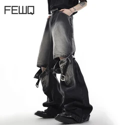 FEWQ Vintage Men Spliced Micro Flared Jeans American Style High Street Wide Leg Straight Denim Pants Summer New Clothing 9A8932