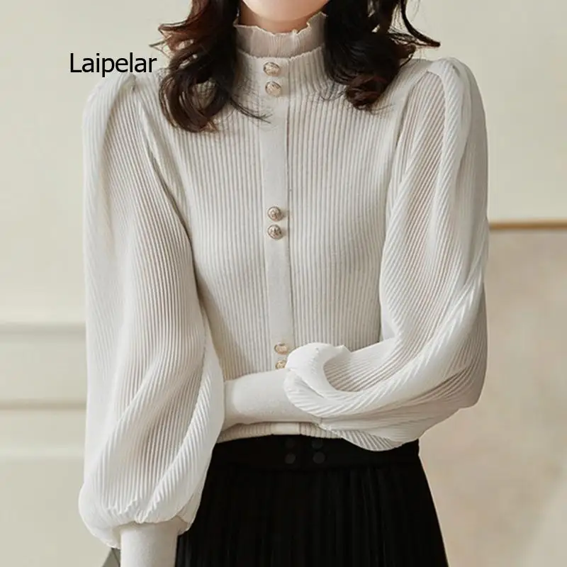 Autumn Elegant Chiffon Patchwork Turtleneck Sweater Women Winter New Korean Knitted Tops Long Sleeve Pullovers